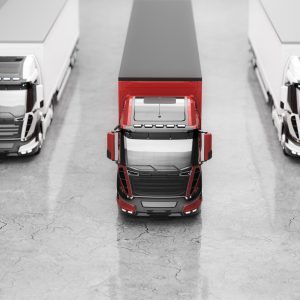 Fleet of trucks with cargo trailers. A red truck in front, the leader concept. Transport, shipping industry. 3D illustration